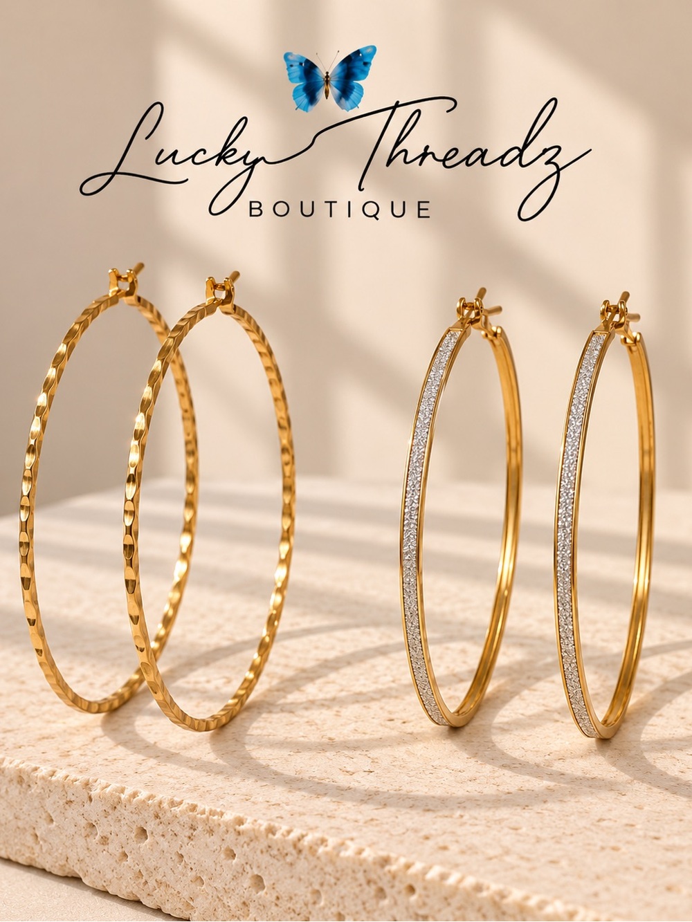 2 Pair Gold Tone 3” Hoop Earrings Textured Glitter Statement HOCO